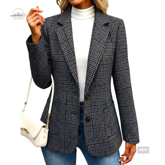 Jackets & Blazers - Slim Fit Tweed Blazer Houndstooth Plaid Lined Work Casual Office Jacket